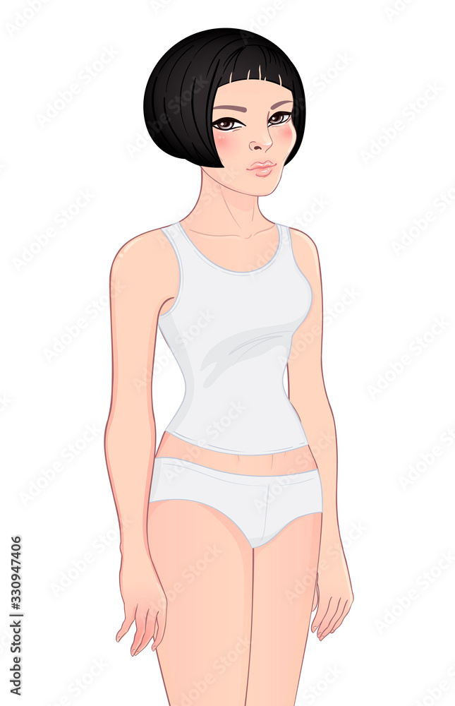Standing pretty young woman in simple basic underwear (tank top and pants) isolated on white. Asian Girl. Mock up for clothes prints. Vector illustration. Standing pretty young woman in simple basic underwear (tank top and pants) isolated on white. Asian Girl. Mock up for clothes prints. Vector illustration.