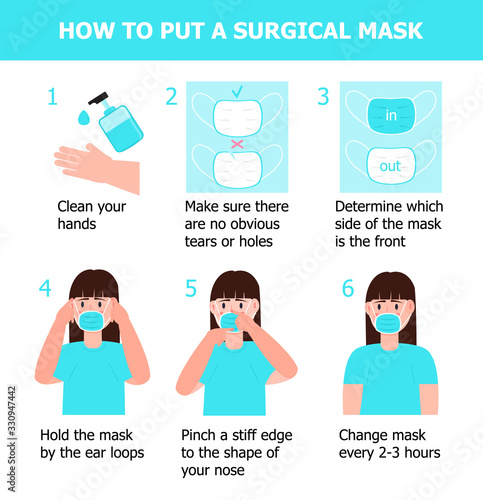 Girl is putting on mask to prevent virus. Illustration of steps, how to wear surgical mask. Instruction vector of cleaning hand
