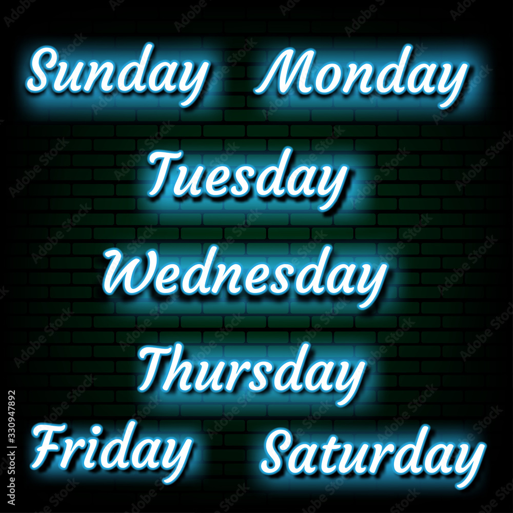 days of the week neon light banner. Vector Illustration.design template, modern trend design, night neon signboard. days of the week neon light banner. Vector Illustration.design template, modern trend design, night neon signboard.