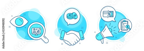 Analytics graph, Payment methods and Savings line icons set. Handshake deal, research and promotion complex icons. Accounting report sign. Growth report, Credit card, Cash coins. Check finance. Vector