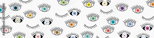 Eye seamless pattern. Vector hand drawn. Open and close eyes with lash banner background