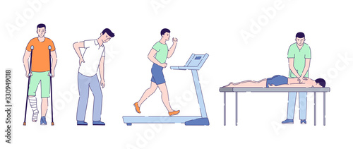Rehabilitation and physiotherapy after injuries flat vector illustration. Cardio workout. Orthopedics diseases. Isolated cartoon characters on a white background