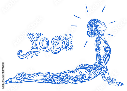 Young pretty girl doing yoga. Vintage decorative illustration. Hand drawn background. Mehenidi ornate decorative style. Yoga studio concept, Indian, Hindu motifs.