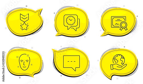 Blog sign. Diploma certificate, save planet chat bubbles. Health skin, Clock and Winner medal line icons set. Clean face, Time, Ranking star. Chat message. Business set. Outline icons set. Vector