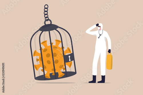 Coronavirus COVID-19 lockdown or quarantine, restricted access to country combat with COVID-19 virus outbreak concept, medical worker full protective gear with key after locked virus pathogen in cage