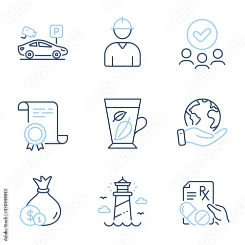 Cash, Prescription drugs and Mint leaves line icons set. Diploma certificate, save planet, group of people. Parking security, Engineer and Lighthouse signs. Vector
