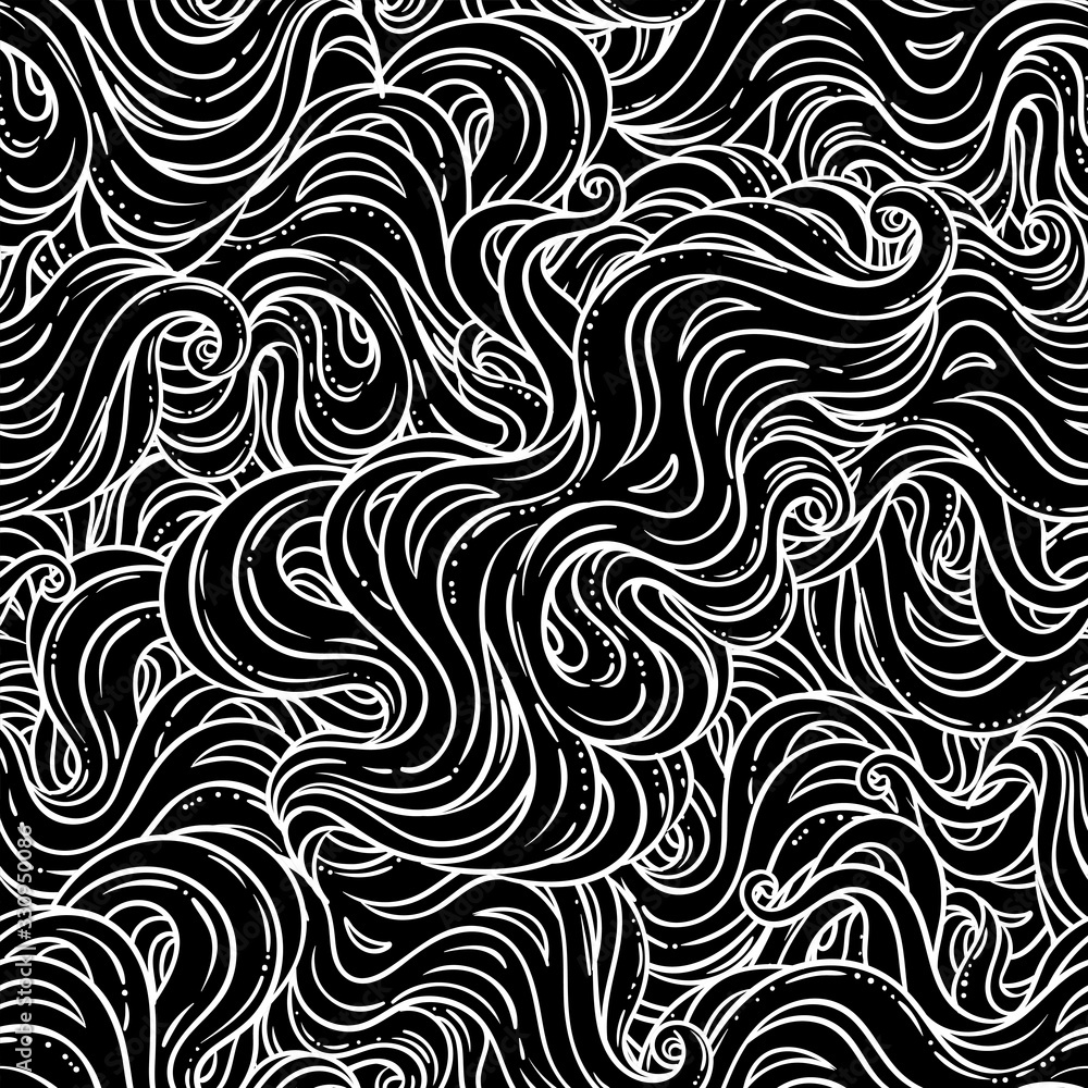 Abstract hand-drawn seamless pattern with waves and clouds. vector seamless pattern