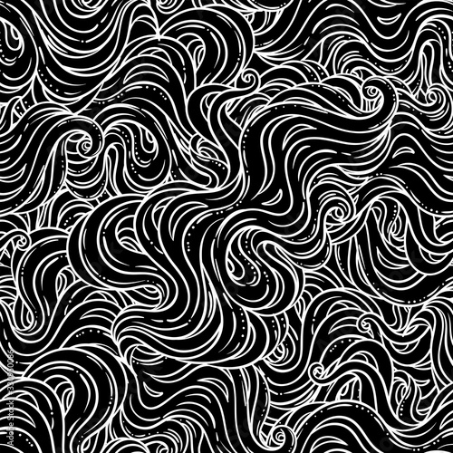 Abstract hand-drawn seamless pattern with waves and clouds. vector seamless p...