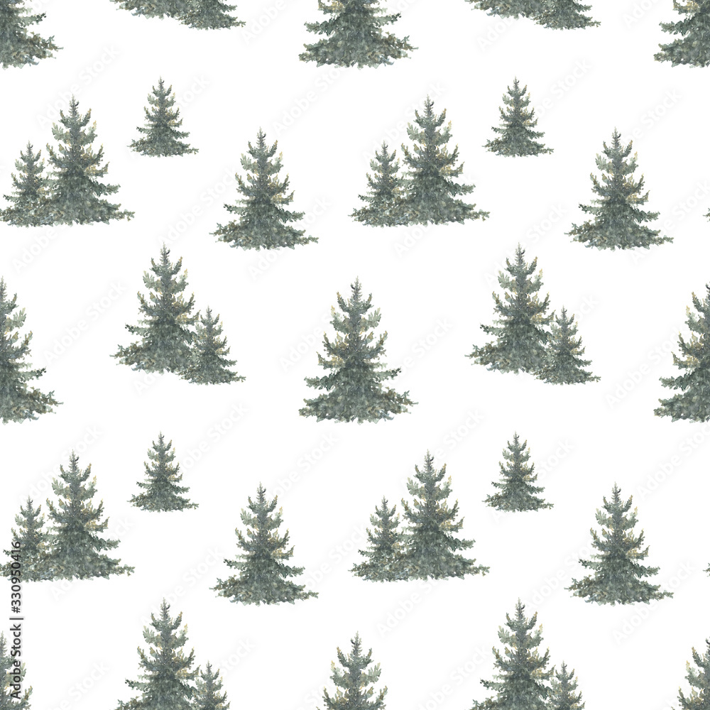 Watercolor hand drawn seamless pattern with spruce trees. Coniferous forest print isolated on white background good for wallpaper, textile, print etc.