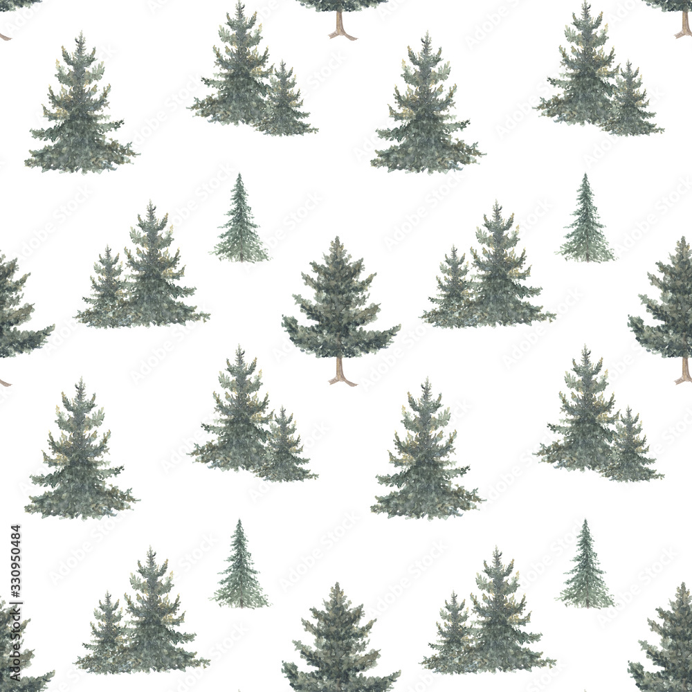 Watercolor hand drawn seamless pattern with spruce trees. Coniferous forest print isolated on white background good for wallpaper, textile, print etc.