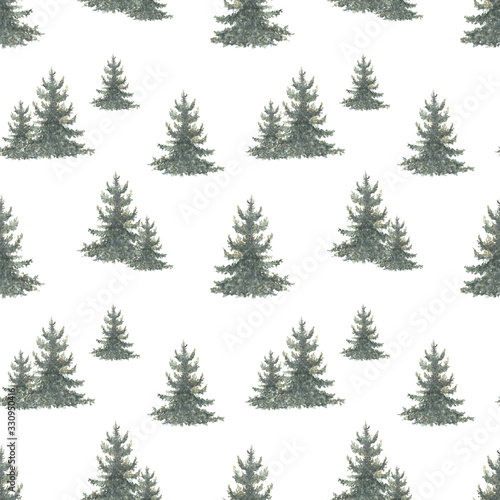 Watercolor hand drawn seamless pattern with spruce trees. Coniferous forest print isolated on white background good for wallpaper, textile, print etc. © Lelakordrawings