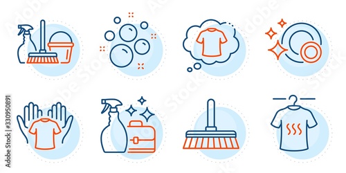 Cleanser spray, Clean bubbles and Clean dishes signs. T-shirt, Household service and Hold t-shirt line icons set. Cleaning mop symbol. Laundry shirt, Cleaning equipment. Cleaning set. Vector