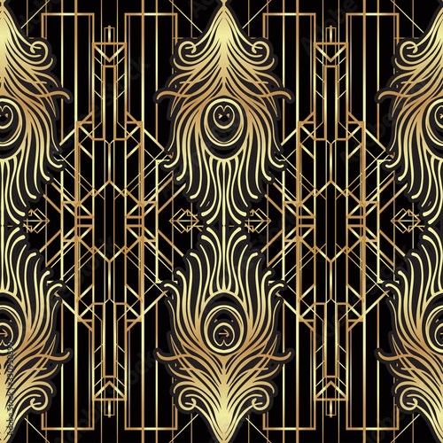 Art deco style geometric seamless pattern in black and gold. Vector illustrat...
