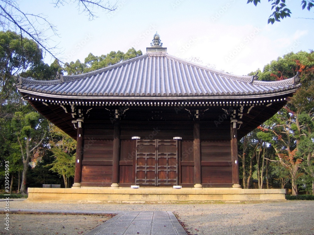 Obraz premium Autumn nature, Ninna-ji temple gardens in Kyoto, Japan. Located in western Kyoto and founded in AD 888, Ninna-ji is part of the Historic Monuments of Ancient Kyoto, a UNESCO World Heritage Site.