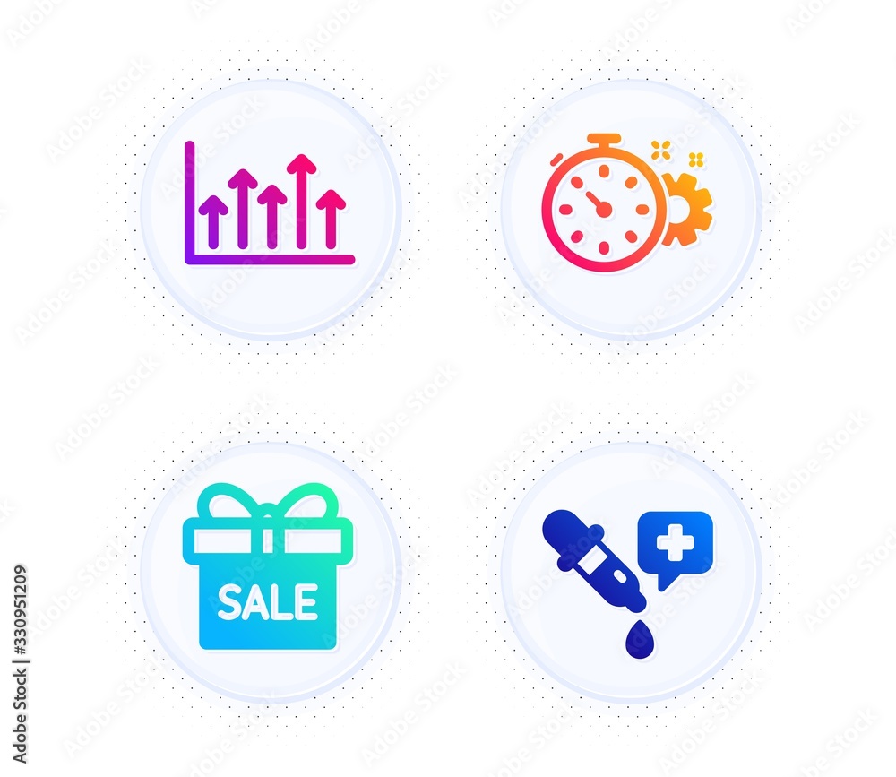 Cogwheel timer, Sale offer and Growth chart icons simple set. Button with halftone dots. Chemistry pipette sign. Engineering tool, Gift box, Upper arrows. Laboratory. Business set. Vector