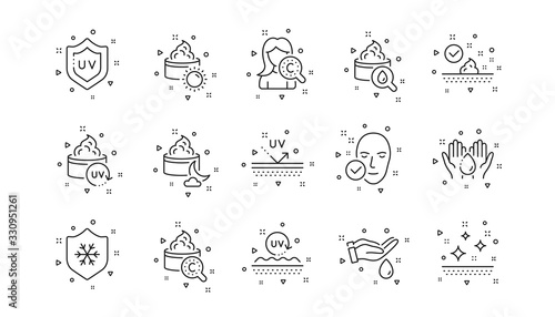Collagen, Cream, Serum oil and Skincare. Skin care line icons. Face sun lotion gel, Uv protection, vitamin E icons. Face skin care cream protection. Linear set. Geometric elements. Vector