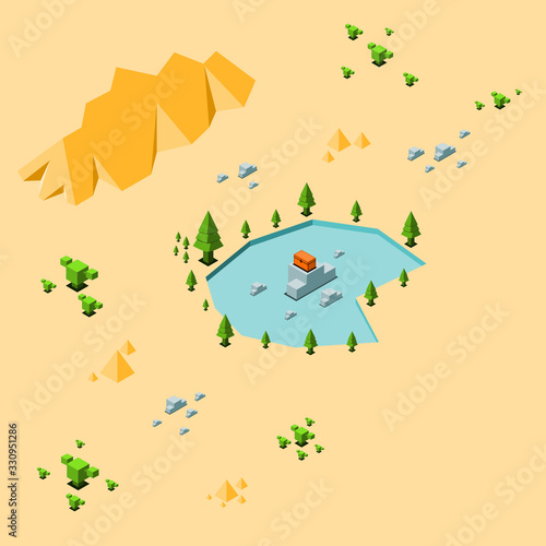 Orange treasure chest on stone in oasis with tree around have cactus and rock at the desert as background, isometric vector illustration and copy space.