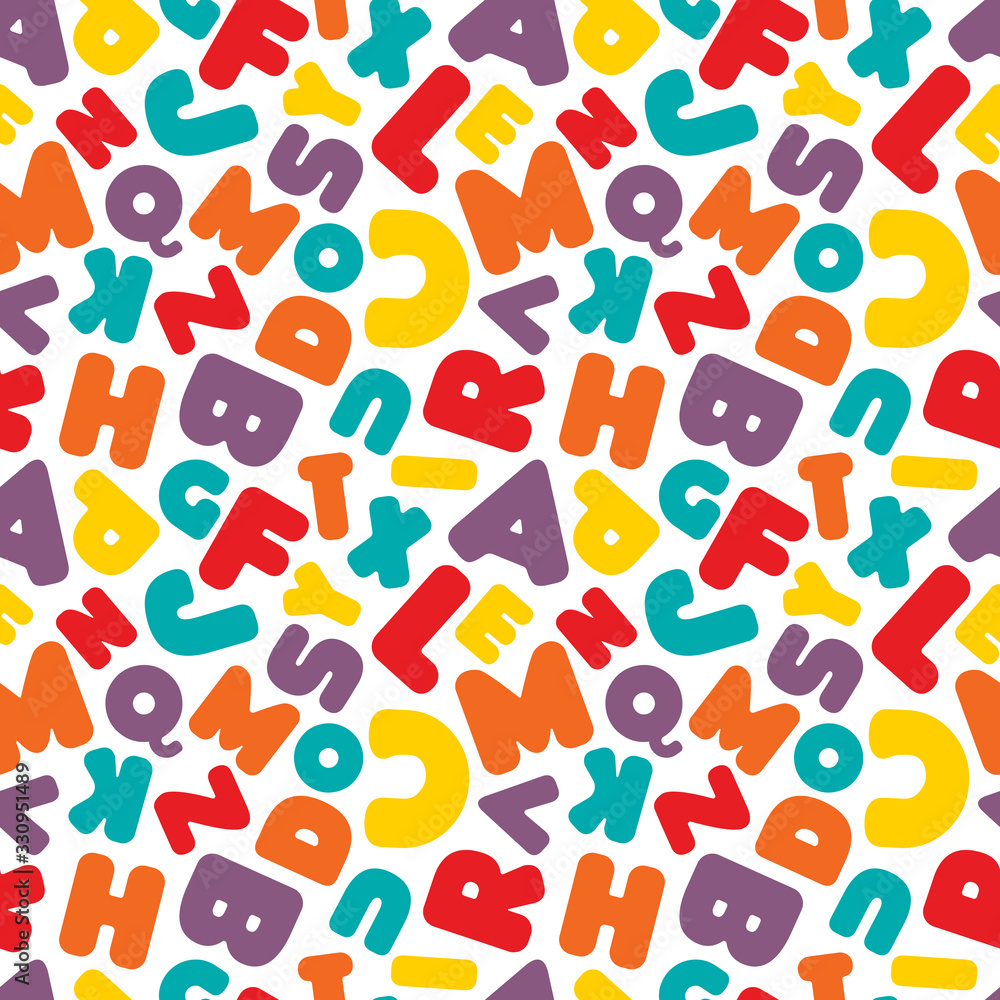 Colorful English alphabet letters seamless pattern on white background