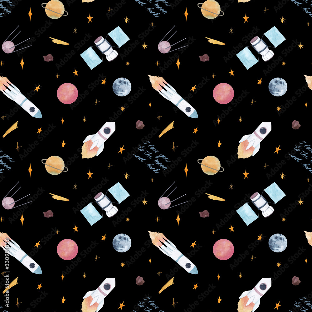 Watercolor hand drawn seamless pattern with spacecraft, stars, planets, cosmonaut and Watercolor hand drawn seamless pattern with spacecraft, stars, planets, cosmonaut and