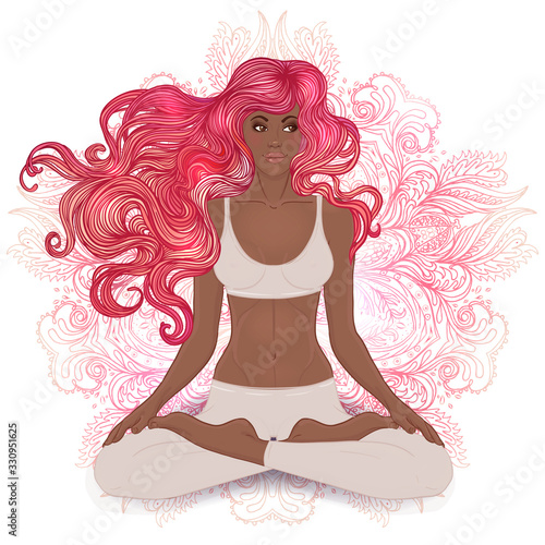 Beautiful African American Girl sitting in Lotus pose with ornate mandala on background. Vector illustration. Spa consent, yoga studio, or natural medicine clinic.