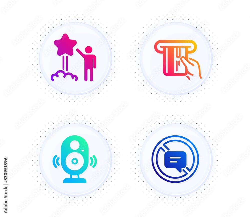 Credit card, Speaker and Star icons simple set. Button with halftone dots. Stop talking sign. Atm payment, Music sound, Launch rating. Do not talk. Technology set. Vector Credit card, Speaker and Star icons simple set. Button with halftone dots. Stop talking sign. Atm payment, Music sound, Launch rating. Do not talk. Technology set. Vector