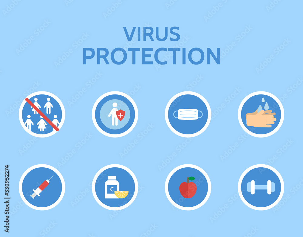 Virus protection infographic. Stop virus. Medical examination. Corona virus prevention. Virus Covid 19-NCP. Danger virus isolated on white background. Antiviral immunity. Vector illustration