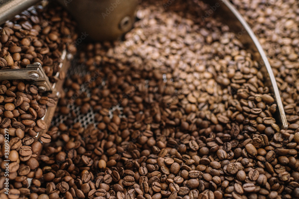 Fototapeta premium Freshly light roasted arabica coffee beans cooling in a roasters drum. Close up shot.