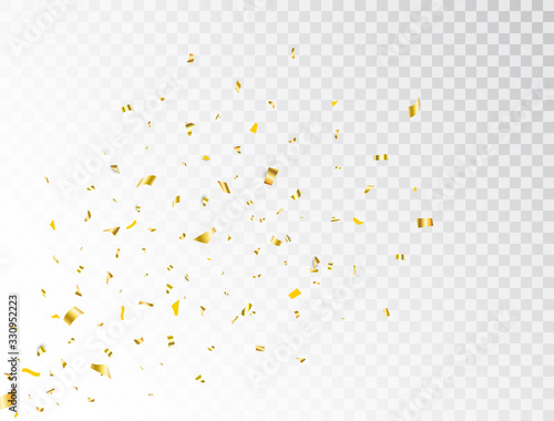 Confetti gold splash. Glitter golden confetti falling on transparent background. Party backdrop. Bright golden festive tinsel. Holiday design elements for web banner, poster, flyer, invitation. Vector