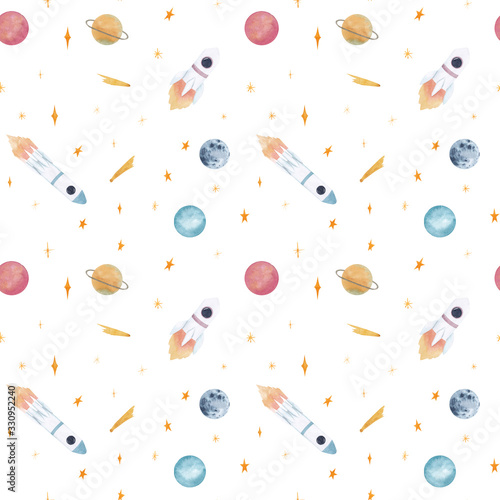 Fototapeta Naklejka Na Ścianę i Meble -  Watercolor hand drawn seamless pattern with colorful outer space objects (space ships, rocket, planets, stars, comets, moon etc) isolated on white background, good for wallpaper, textile, print.