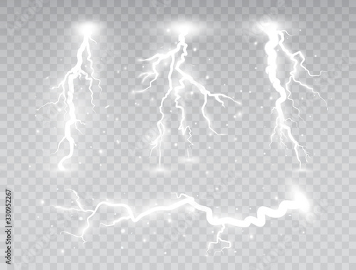 White lightnings set isolated on transparent background. Thunder storm collection design elements. Magic shining light effect. Electric explosion. Vector illustration