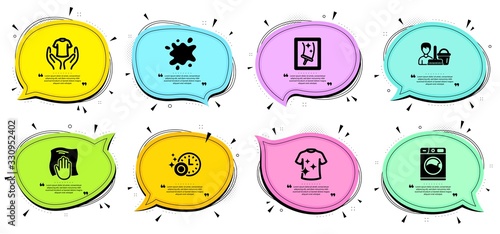 Dirty spot, Dishwasher timer and Window cleaning signs. Chat bubbles with quotes. Cleaning service, Clean t-shirt and Washing cloth line icons set. Washing machine, Hold t-shirt symbols. Vector