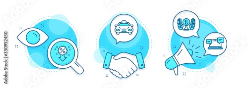 Discount, Taxi and Internet chat line icons set. Handshake deal, research and promotion complex icons. Laureate award sign. Sale shopping, Public transportation, Online communication. Prize. Vector