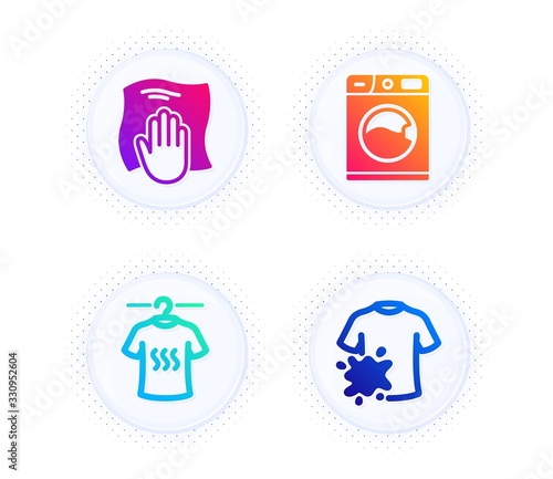 Dry t-shirt, Washing cloth and Washing machine icons simple set. Button with halftone dots. Dirty t-shirt sign. Laundry shirt, Wipe with a rag, Laundry service. Cleaning set. Vector