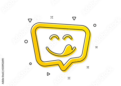 Emoticon with tongue sign. Yummy smile icon. Speech bubble symbol. Yellow circles pattern. Classic yummy smile icon. Geometric elements. Vector