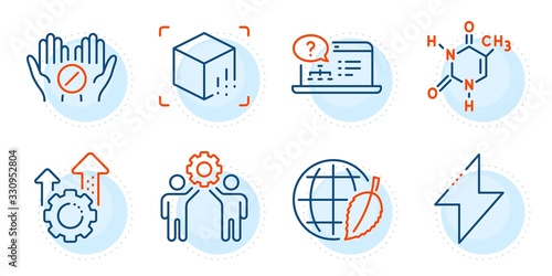 Environment day, Chemical formula and Medical tablet signs. Seo gear, Augmented reality and Employees teamwork line icons set. Energy, Online help symbols. Cogwheel, Virtual reality. Vector