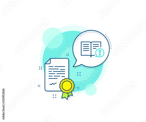 Exclamation mark sign. Certification complex icon. Interesting facts line icon. Book symbol. Certificate or diploma document. Facts sign. Vector