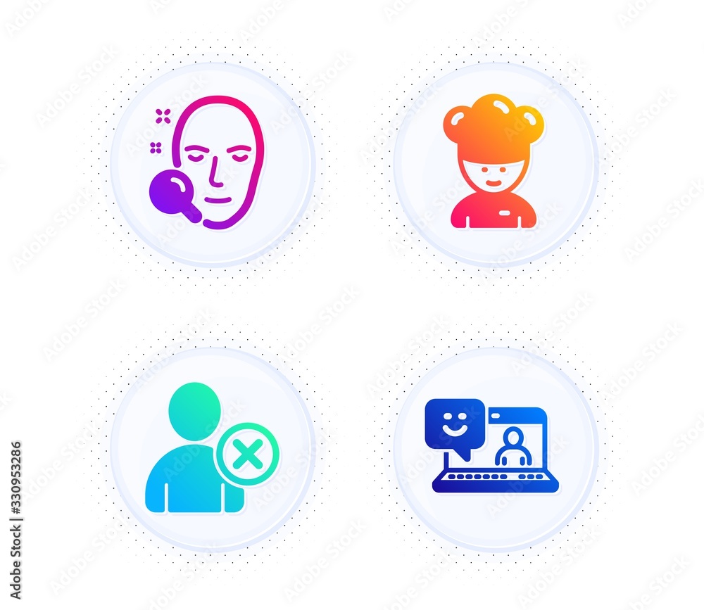Face search, Delete user and Cooking chef icons simple set. Button with halftone dots. Smile sign. Find user, Remove profile, Sous-chef. Laptop feedback. People set. Vector