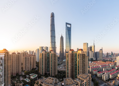 Aerial view of Shanghai city skyline at dusk