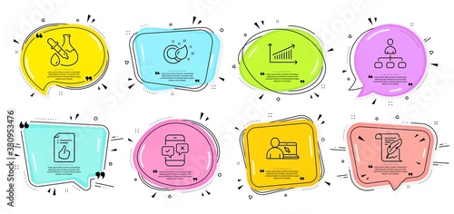 Feather, Phone survey and Paint brush signs. Speech bubbles with quotes. Chart, Chemistry experiment and Online education line icons set. Approved document, Management symbols. Vector