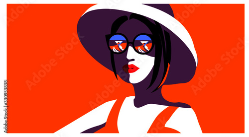 Beautiful young woman with sunglasses and hat, retro style. Pop art. Summer holiday. Vector eps10 illustration - Vector
