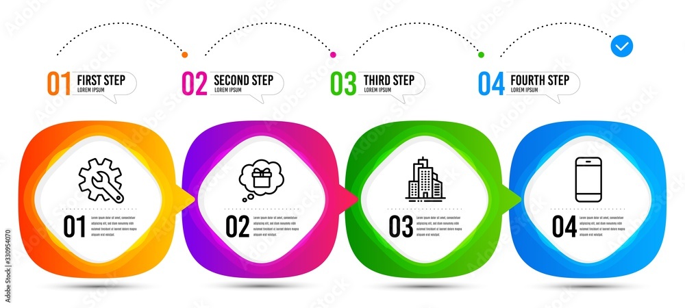 Gift dream, Skyscraper buildings and Smartphone line icons set. Timeline steps. Customisation sign. Receive a gift, Town architecture, Cellphone or phone. Settings. Business set. Vector Gift dream, Skyscraper buildings and Smartphone line icons set. Timeline steps. Customisation sign. Receive a gift, Town architecture, Cellphone or phone. Settings. Business set. Vector