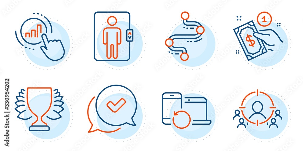 Fototapeta premium Graph chart, Approved and Payment method signs. Winner, Elevator and Business targeting line icons set. Timeline, Recovery devices symbols. Sports achievement, Office transportation. Vector