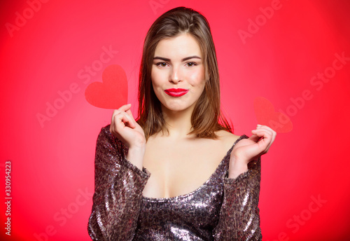 Love and romance. Valentines day sales. Sensual girl with decorative heart. Sexy woman in glamour dress. Romantic greeting. Be my valentine. Valentines day party. I love you. Just being around