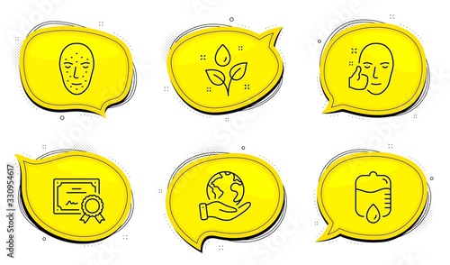 Healthy face sign. Diploma certificate, save planet chat bubbles. Drop counter, Face biometrics and Plants watering line icons set. Medical equipment, Facial recognition, Water drop. Vector
