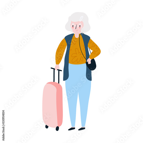 Seniors happy traveling. Grandmother on trip. Oldest woman with suitcase on trip. Vector illustration