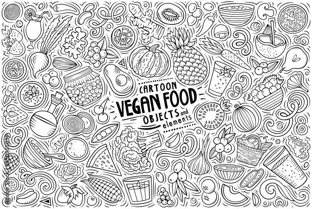 Vector set of Vegan food theme items, objects and symbols Vector set of Vegan food theme items, objects and symbols