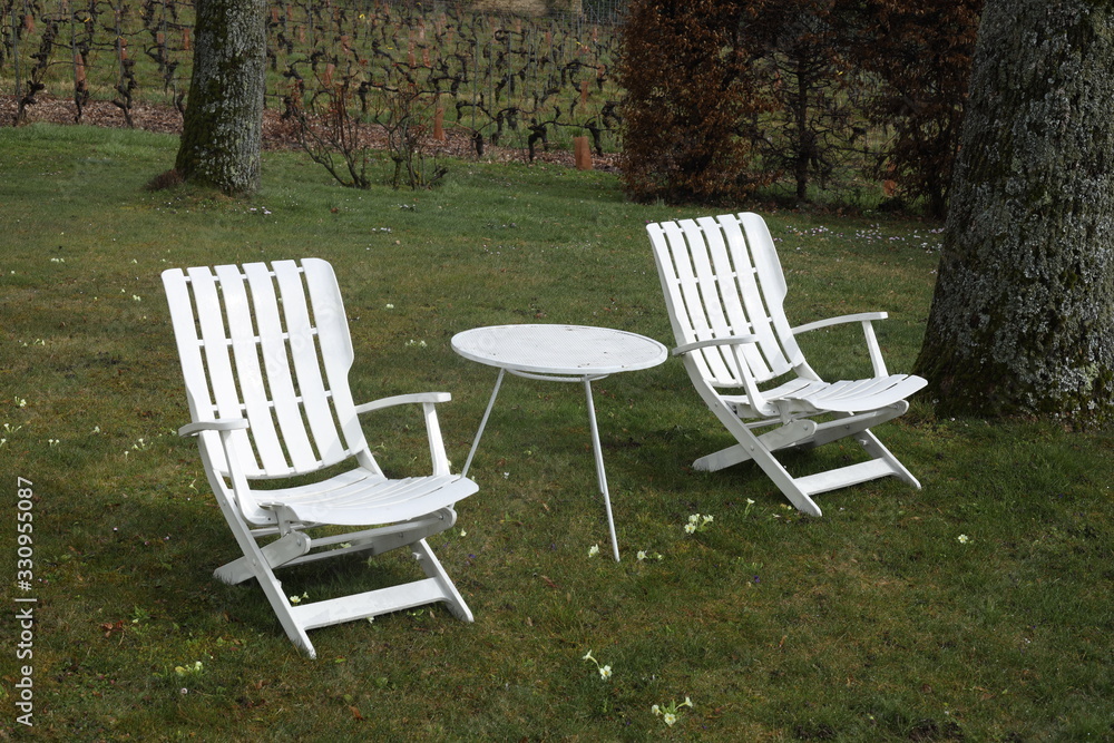 Two white chairs and a table in fall Two white chairs and a table in fall