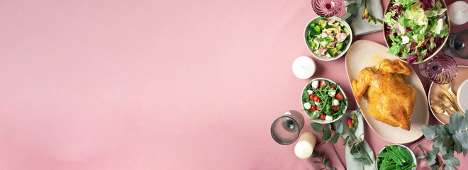 Valentine day, Women's Day, mother's day, wedding brunch, festive family lunch and dinner concept. Festive family dinner table. Serving plates, bowls with salads and vegetables dishes, snack, whole