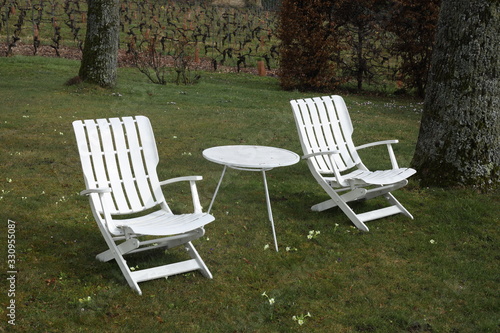 Two white chairs and a table in fall