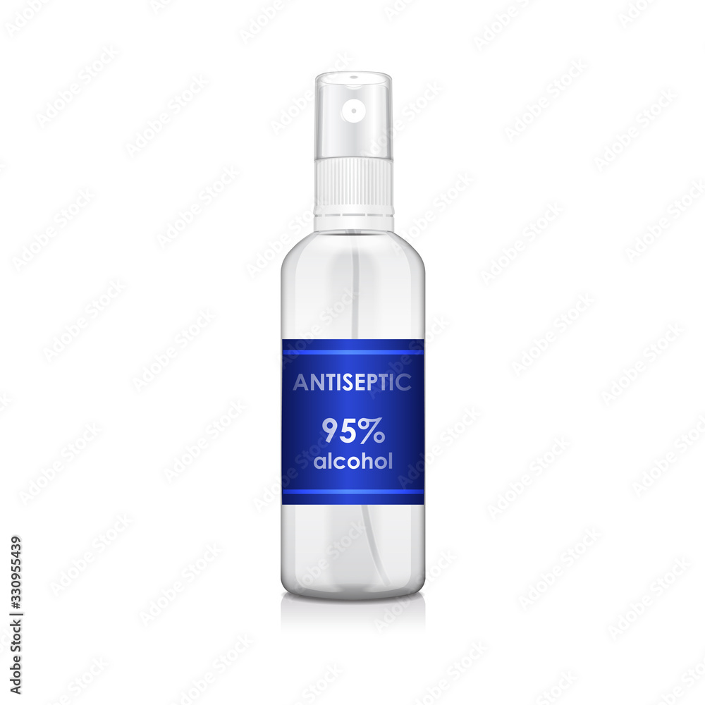Transparent bottle with atomizer. Antiseptic, sanitizer. Mock up bottle cosmetic or medical vial, flask, flacon 3d illustration Transparent bottle with atomizer. Antiseptic, sanitizer. Mock up bottle cosmetic or medical vial, flask, flacon 3d illustration